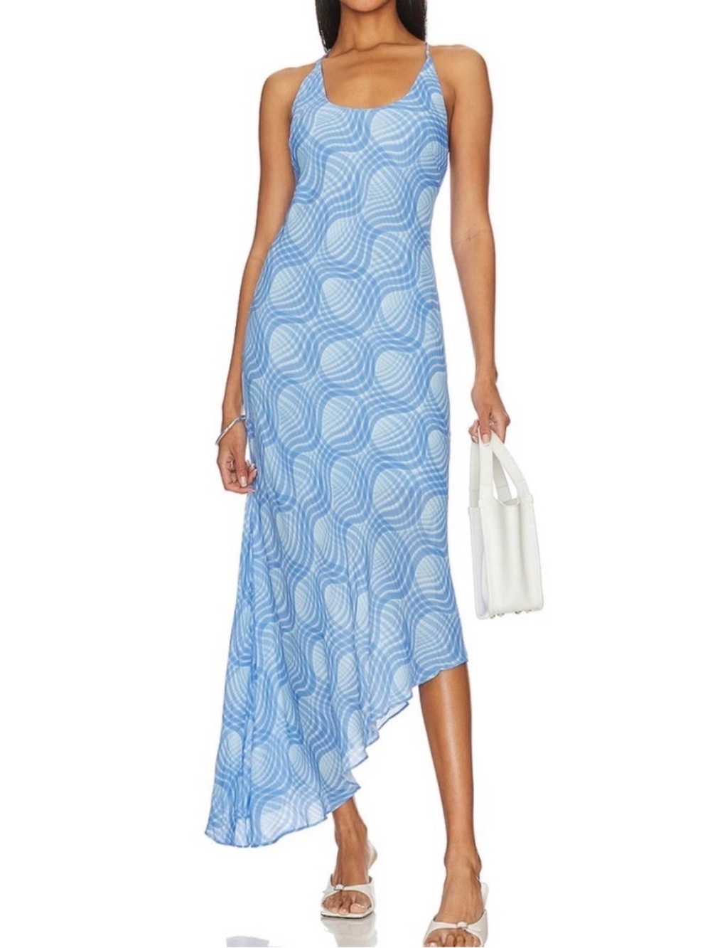 L’Academie Sigrid Watercolor Blue Wave-Print Asymmetric Slip Dress Small